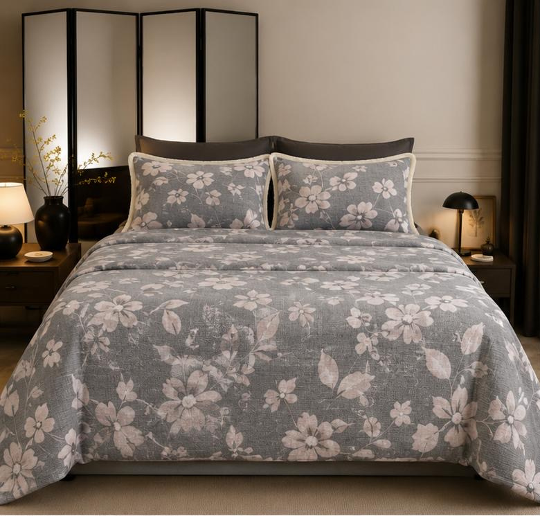 Grey Blush Floral Printed Double Bedsheet with Pillow Covers