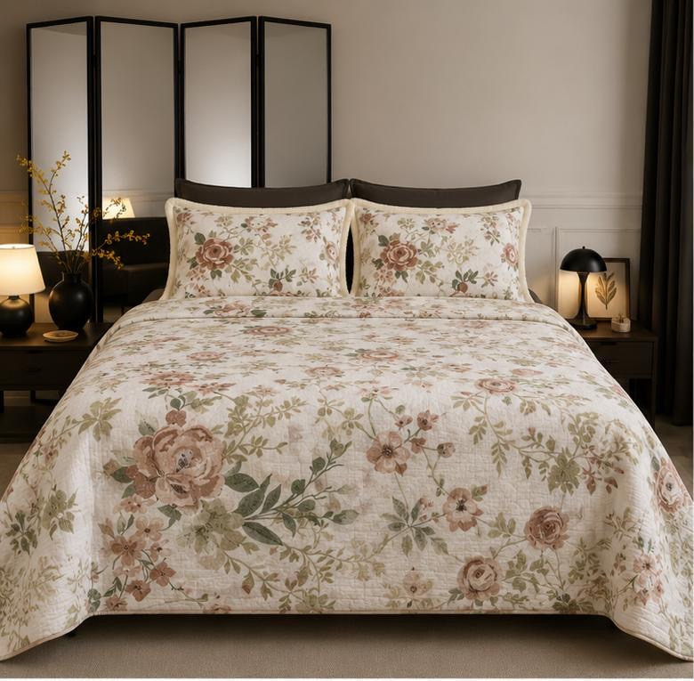 Blush Rose Floral Printed Double Bedsheet with Pillow Covers