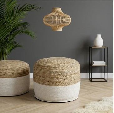 Jute Pouf 50 x 50 x 35 cm – Natural & White Round Footstool Ottoman
