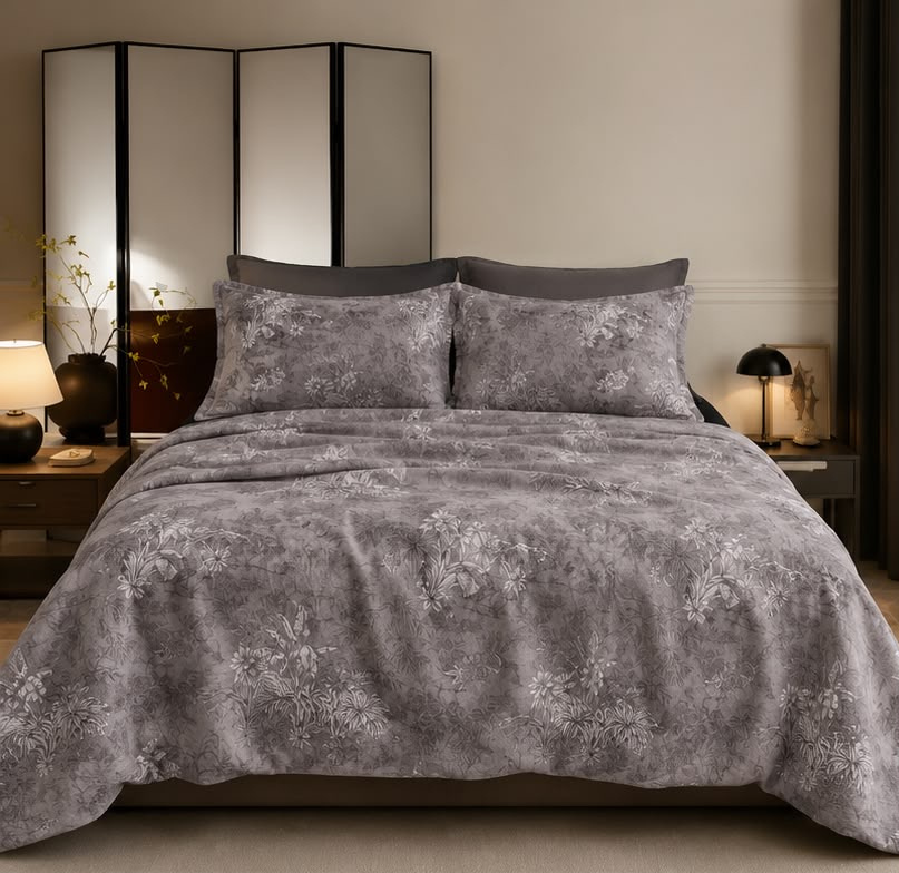 Ivory Mocha Floral Printed Double Bedsheet with Pillow Covers
