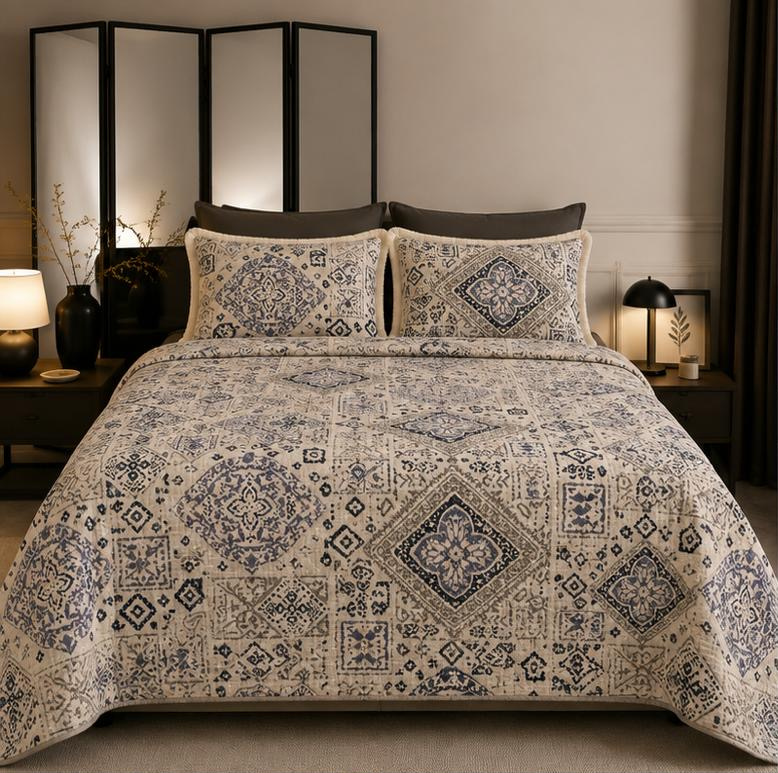 Blue Heritage Geometric Printed Double Bedsheet with Pillow Covers