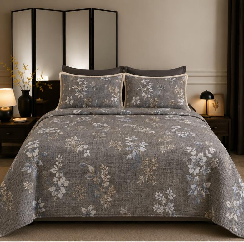 Charcoal Grey Botanical Printed Double Bedsheet with Pillow Covers