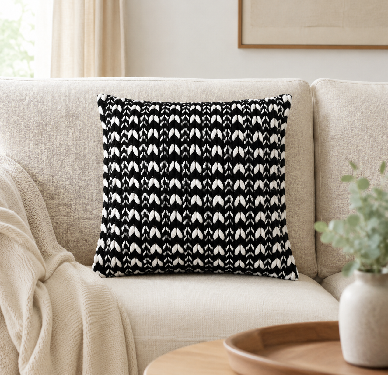 Designer Cushion Cover | 18 x18 inch| Boho Macrame | Cotton Fabric on Front & Back | Hush | Pack of 1 | Black