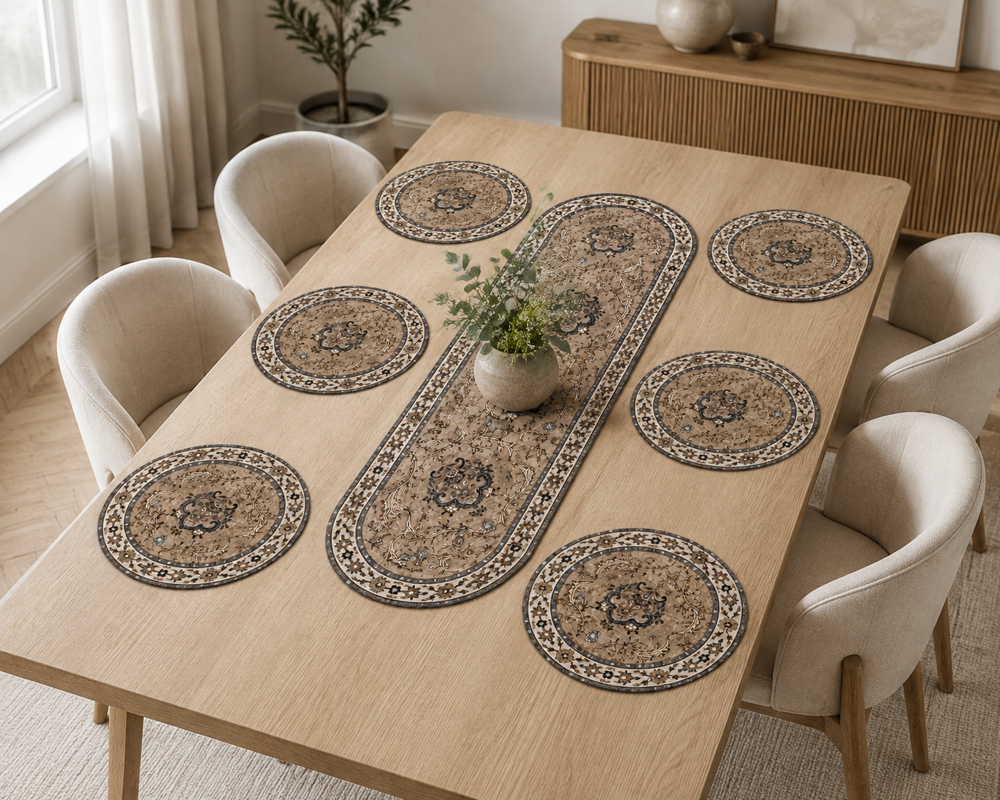 Brown printed Woven Dining Table Placemat Set with Oval Runner
