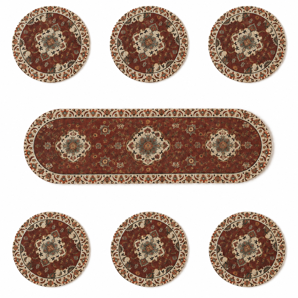 Red printed Woven Dining Table Placemat Set with Oval Runner