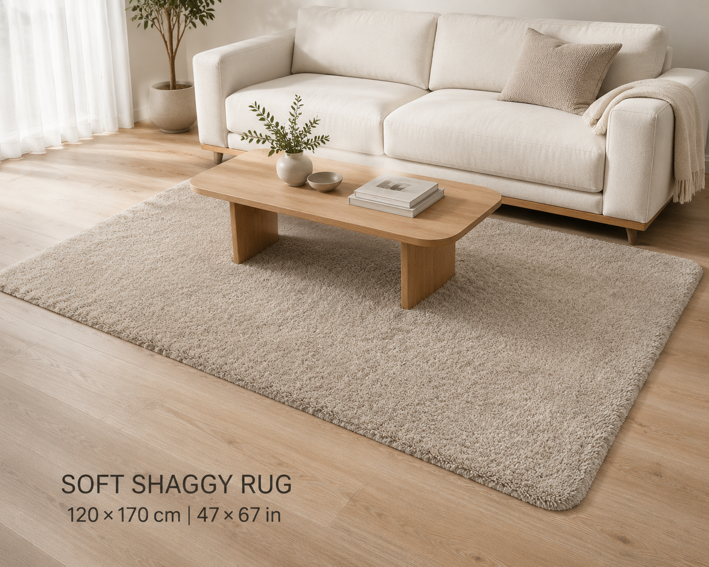 Beige Shaggy Rug with Carpet Back – 120 x 170 cm (4 x 5.5 ft)