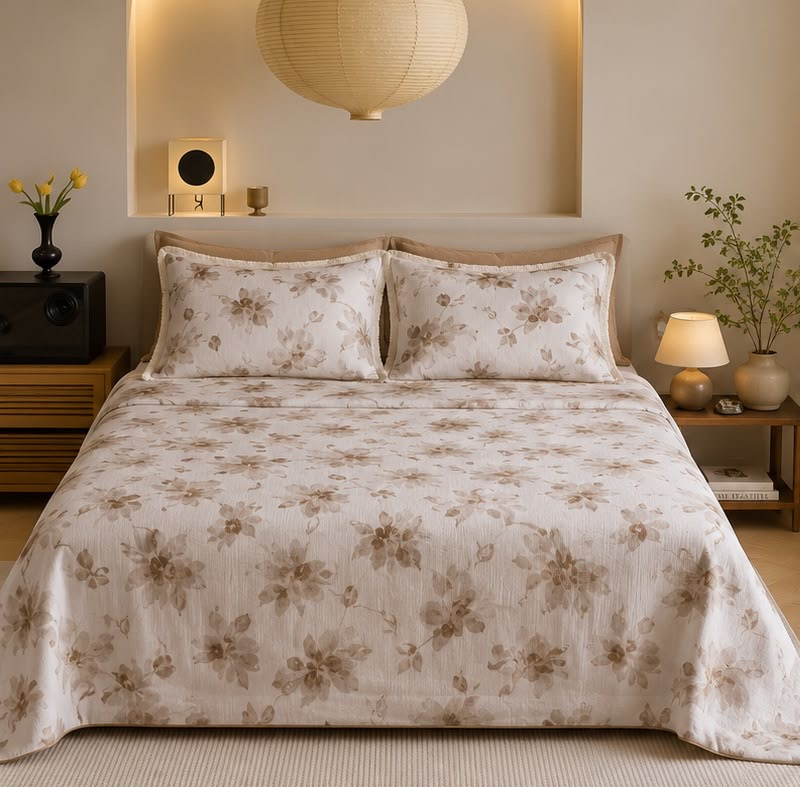 Ivory Beige Floral Printed Double Bedsheet with Pillow Covers