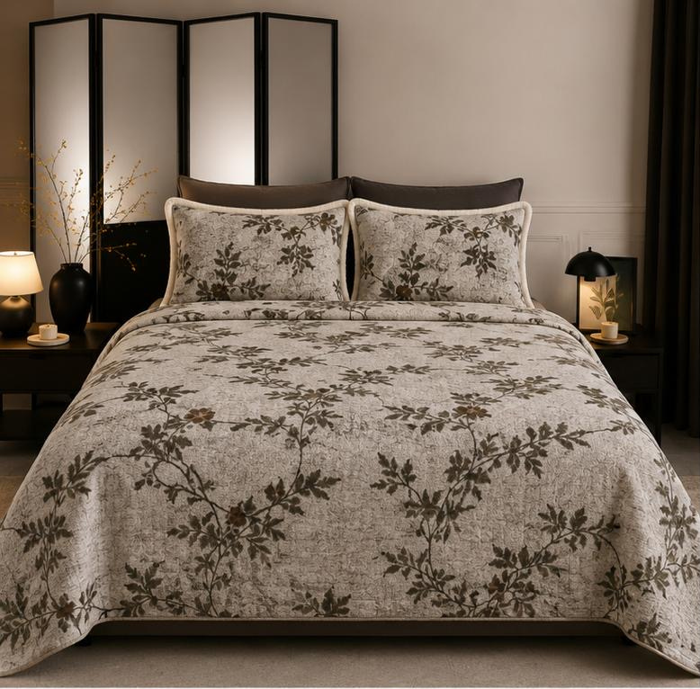 Taupe Botanical Printed Double Bedsheet with Pillow Covers