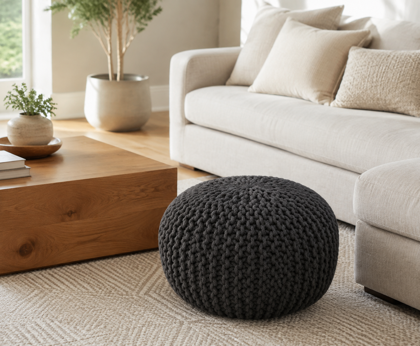 Knitted Pouffe in Black Colour