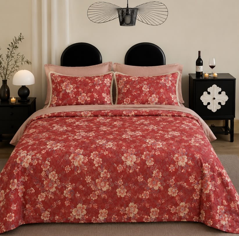 Coral Red Floral Printed Double Bedsheet with Pillow Covers