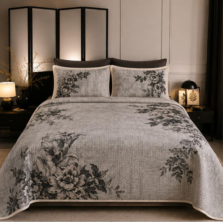 Grey Floral Printed Double Bedsheet with Pillow Covers