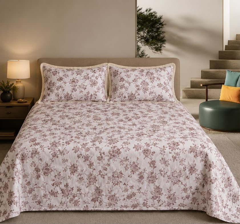 Dusty Mauve Floral Printed Double Bedsheet with Pillow Covers