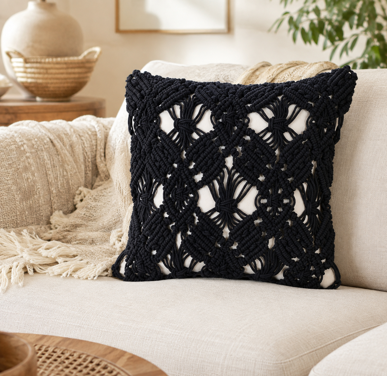 Designer Cushion Cover | 18 x18 inch| Boho Macrame | Cotton Fabric on Front & Back | Hush | Pack of 1 | Black & Off-White