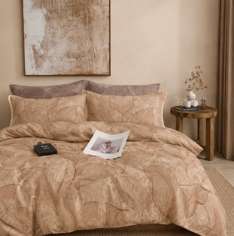 Peach Beige Botanical Leaf Printed Double Bedsheet with Pillow Covers