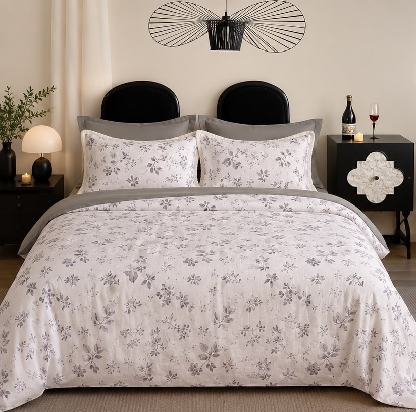 Beige Brown Vintage Floral Printed Double Bedsheet with Pillow Covers