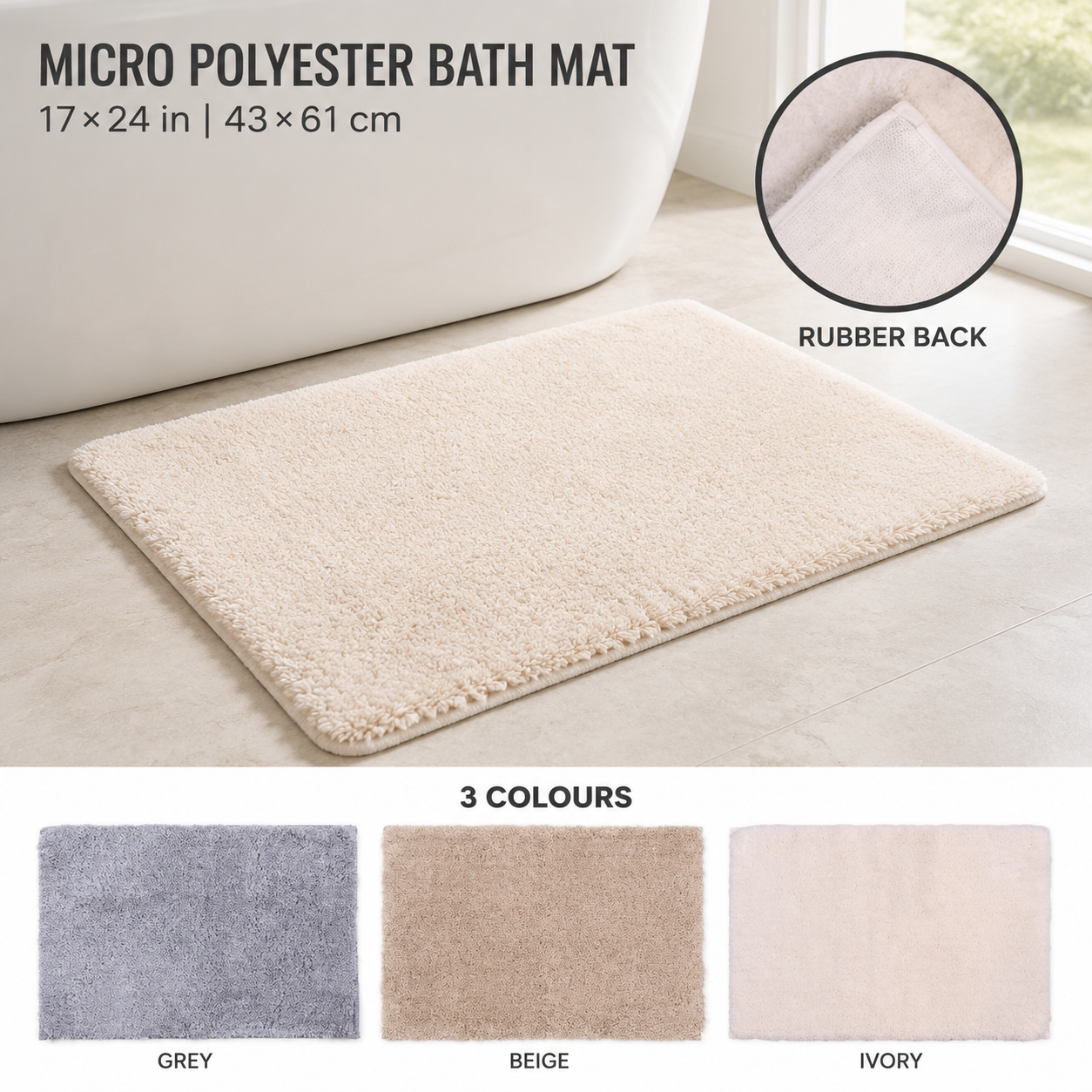 Bath Mat | Set of 1 | 43x60cm | Anti Skid & Highly Absorbent Bathroom Mat | Machine Washable | Shaggy- Ivory