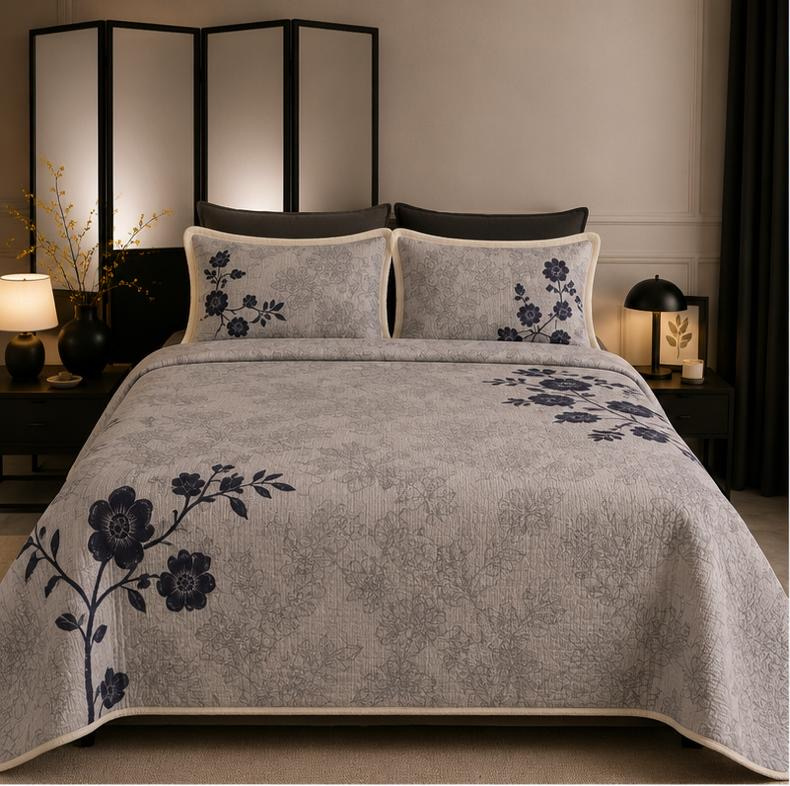 Navy Blue Floral Printed Double Bedsheet with Pillow Covers